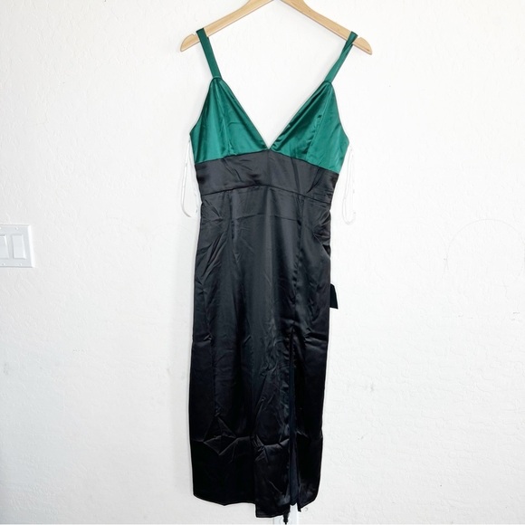 Lulus Modern Moments Green and Black Color Block Satin Midi Dress - Picture 4 of 11